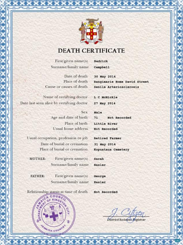 Download Jamaica death certificate PSD template Photoshop template